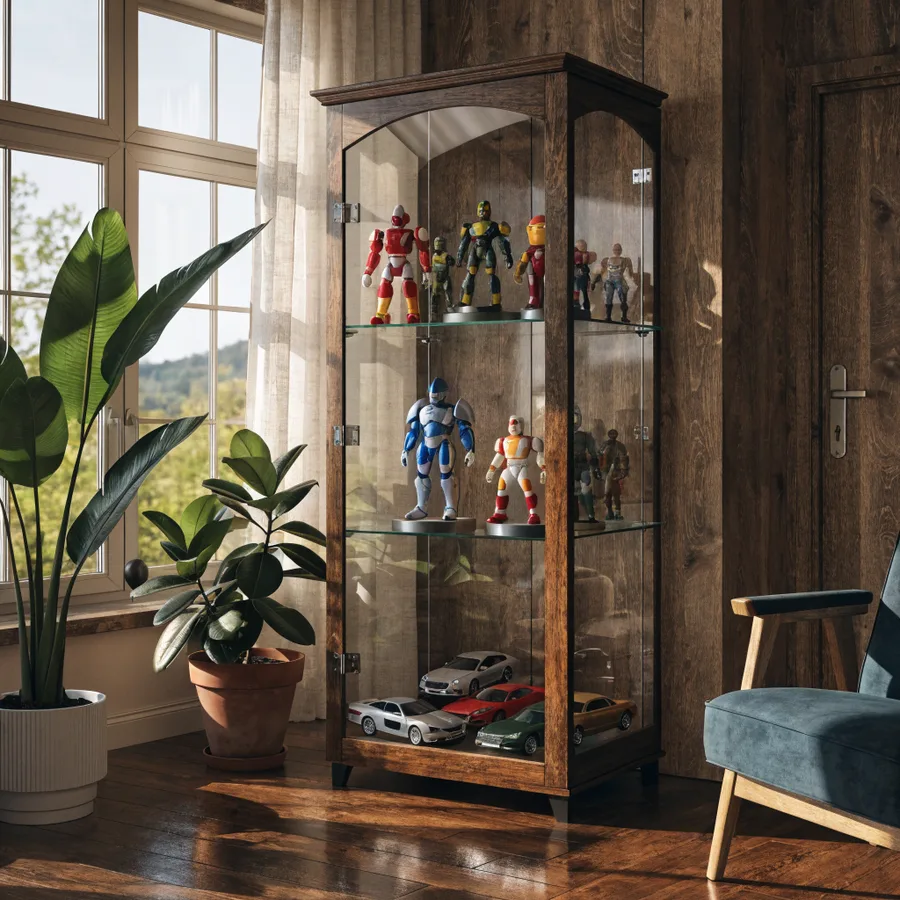 Detolf glass display cabinet in a modern living room filled with collectible figures