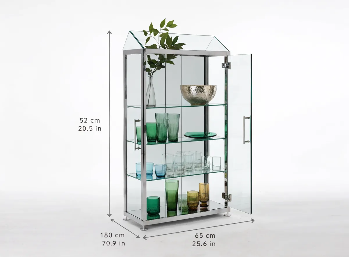 Detolf glass cabinet with dimension annotations showing width, height, and depth