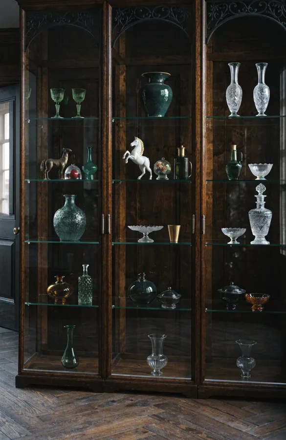 Multiple Detolf cabinets creating a display wall in collector room