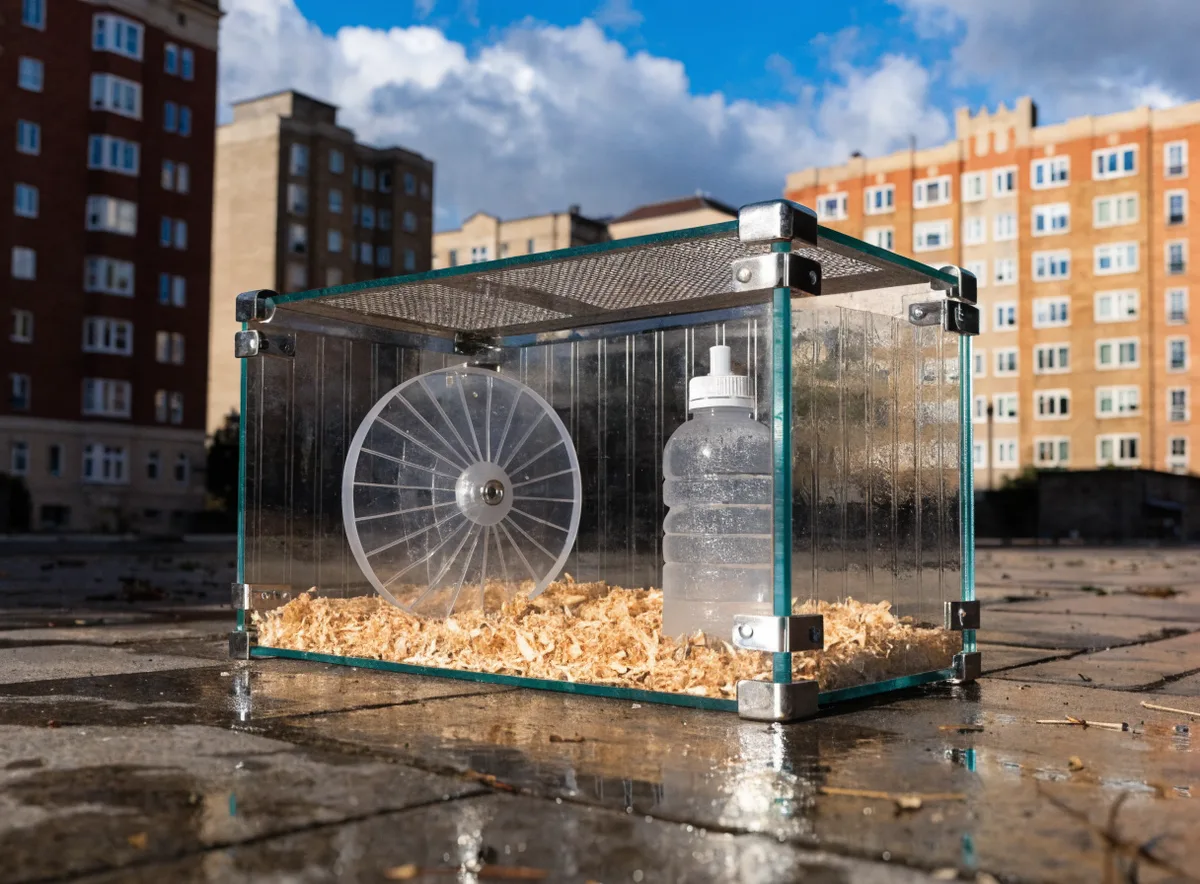 Detolf glass cabinet converted into a hamster habitat with mesh lid and deep substrate