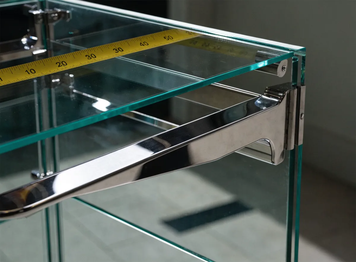 Detolf cabinet with detailed measurement callouts for interior space and glass panels